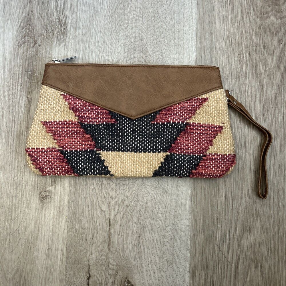 Aztec Style Clutch Purse Wristlet Hand Bag Red Black Made in India Cotton Jute